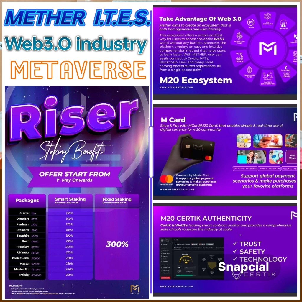 METHER  I.T.E.S.   M20 Chain 
     $$    Web3.O industry   $$
 Metaverse 💥 metherworld 💥
  MetaRise RiserCoin is Future