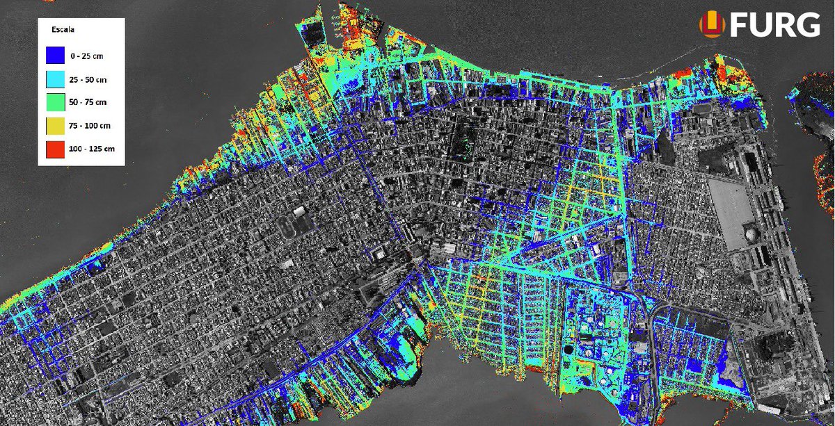 Comitê de Avaliação Eventos Extremos da FURG atualiza mapa divulgado no boletim de 7 de maio. ⚠️

A imagem mostra uma lâmina d’água com limite de até 1,25m, com uma escala de cores aumentando do azul para o vermelho, representando o nível da água decorrente da enchente de 1941.