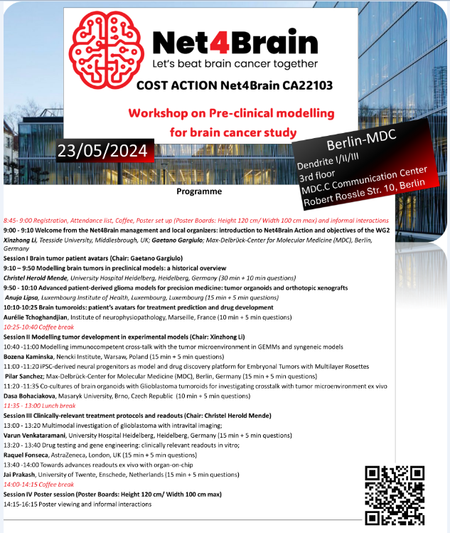 If you plan to be in Berlin on 23 May, we still have few slots left on the Workshop on preclinical modelling for brain tumors organized by #NET4BRAIN COST Action. A great warm up for the Brain tumor meeting at MDC Berlin !! Drop me a direct message or mail if interested.
