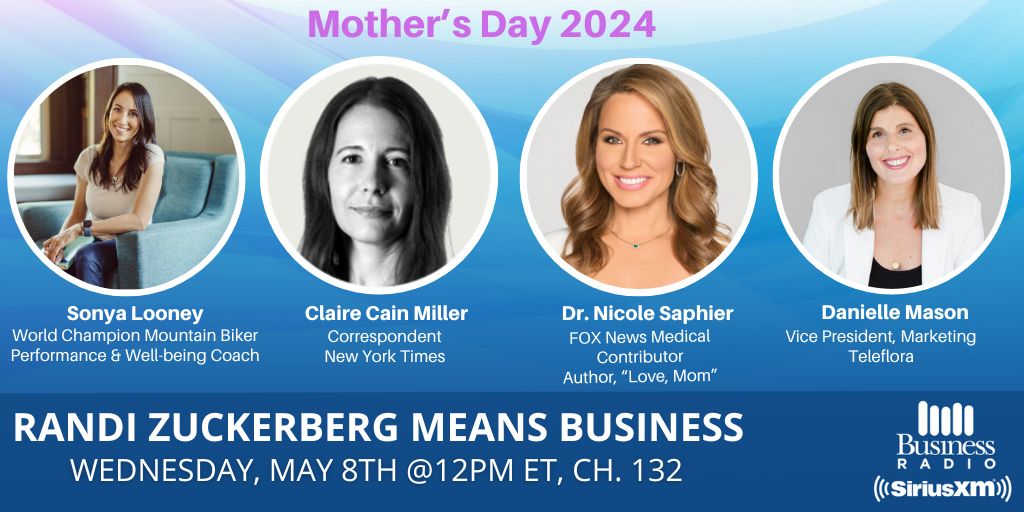 TODAY at 12pm ET - @RandiZuckerberg is BACK! 🪻Mother's Day 2024🪻 🚵‍♀️@SonyaLooney on Athlete Motherhood ♀️@UpshotNYT's @ClaireCM on Gender, Families & The Future of Work 🔖@NBSaphierMD on her new book 'Love, Mom' 💐@TeleFlora on Celebrating 'HER' 🔊Tune in on #SiriusXM132🔊