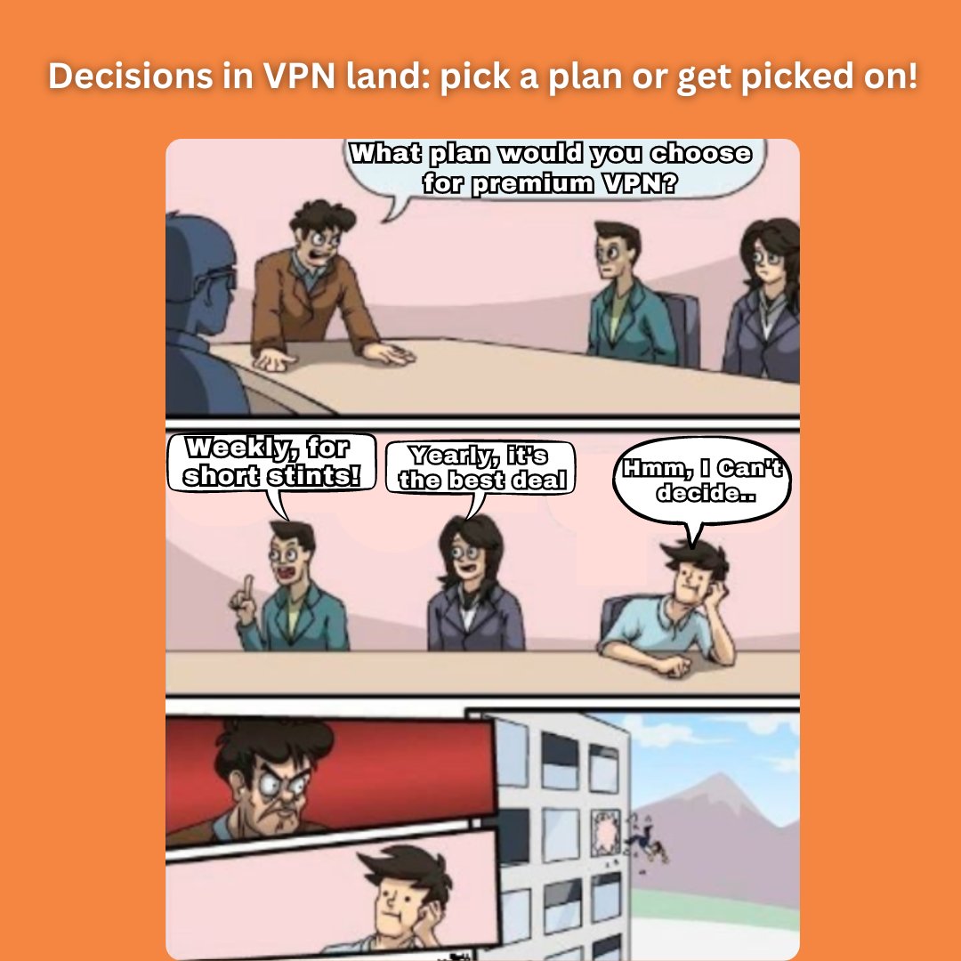 Decisions in VPN land: pick a plan or get picked on!
Download Now!
Android: tinyurl.com/thevpnapp-twit…
iOS/Mac: tinyurl.com/thevpnapp-twit…
#VPN #Freevpn #SecureConnection #DataPrivacy #OnlineSecurity #VirtualPrivateNetwork #InternetPrivacy #CyberSecurity #Memes #meme2024