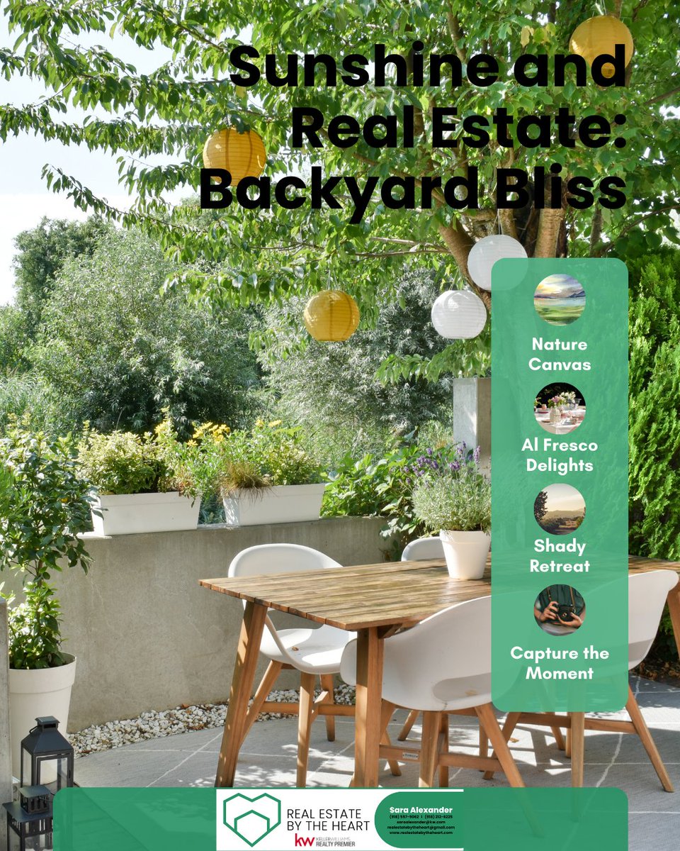 Backyard Bliss: Sunshine & Real Estate!
🌞 Sunlit Haven: Vibrant oasis awaits.
🌿 Natural Beauty: Emerald lawns, sunflowers, cobblestone paths.
🍹 Outdoor Comfort: Wooden deck, blooming jasmine.
🌳 Tranquil Retreat: Rustling leaves, birdsong.
📸 Share the Magic: Capture moments.