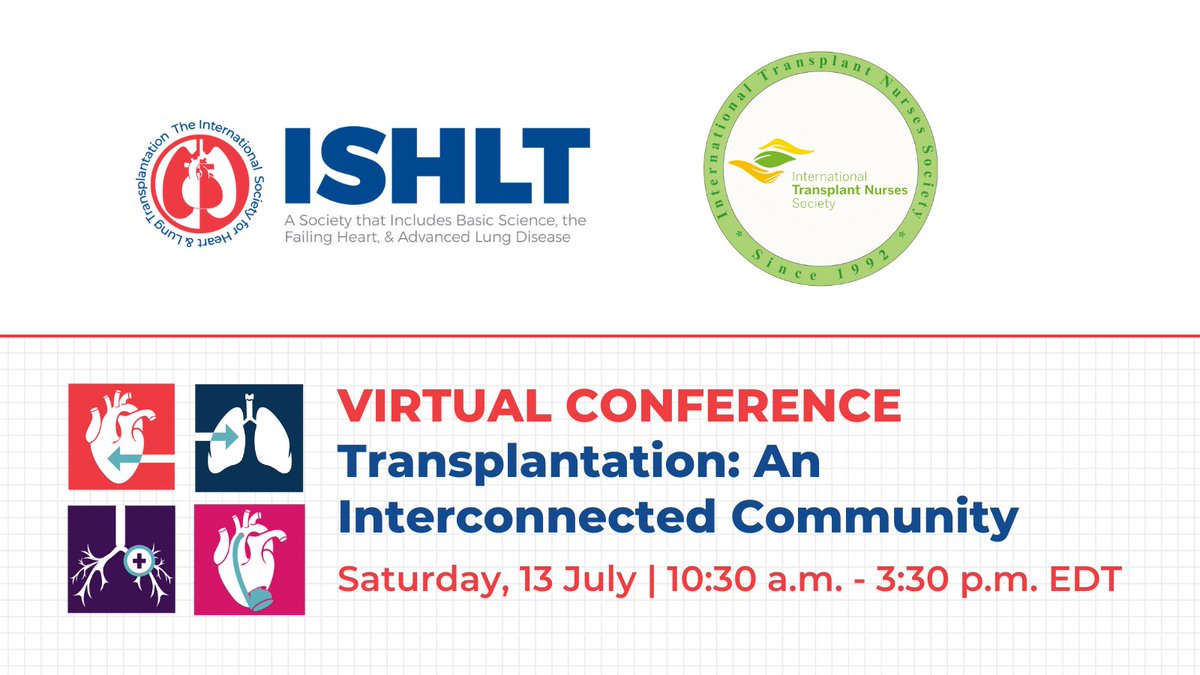 #ISHLT and @ITNSnurses present the joint virtual event, Transplantation: An Interconnected Community. This opportunity is open to anyone involved in the nursing & allied health community in #txp. 📆 Saturday, 13 July at 10:30 a.m. EDT ▶️ Register at 🔗 bit.ly/3WxDN0a