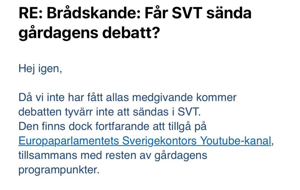 Jag har precis fått beskedet att SVT inte kommer att kunna sända EU-debatten där V:s toppkandidat öppnade för förhandlingar med Putin. Vad är det som händer? Vänsterpartiet som stoppat?