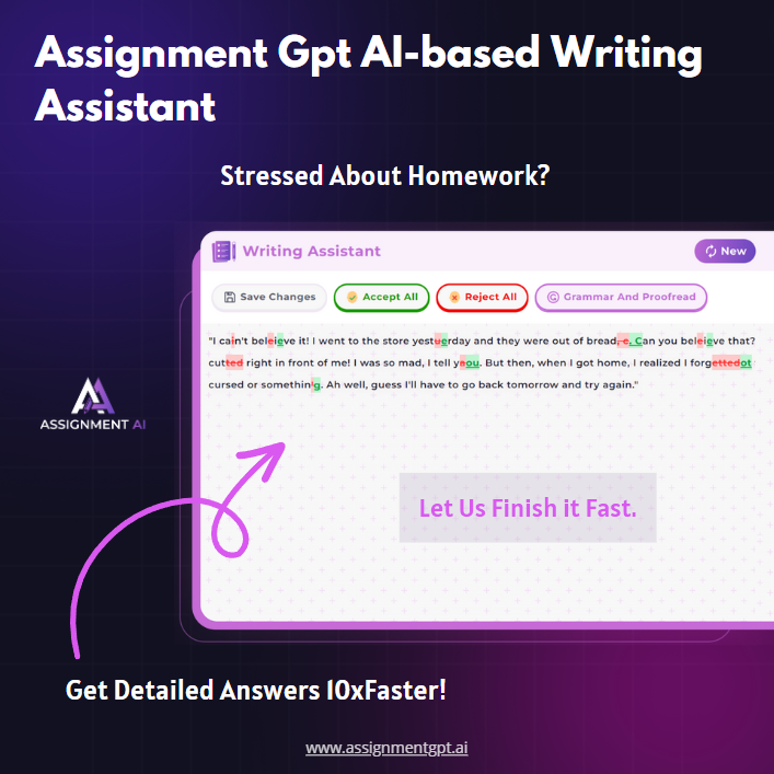 Feeling overwhelmed with homework? 😫
.
Let Assignment AI take the load off your shoulders and get those assignments done in record time! 🚀💻
.
#StressFreeStudying #WritingAssistant #ai #aitools #assignment #detailedanswer