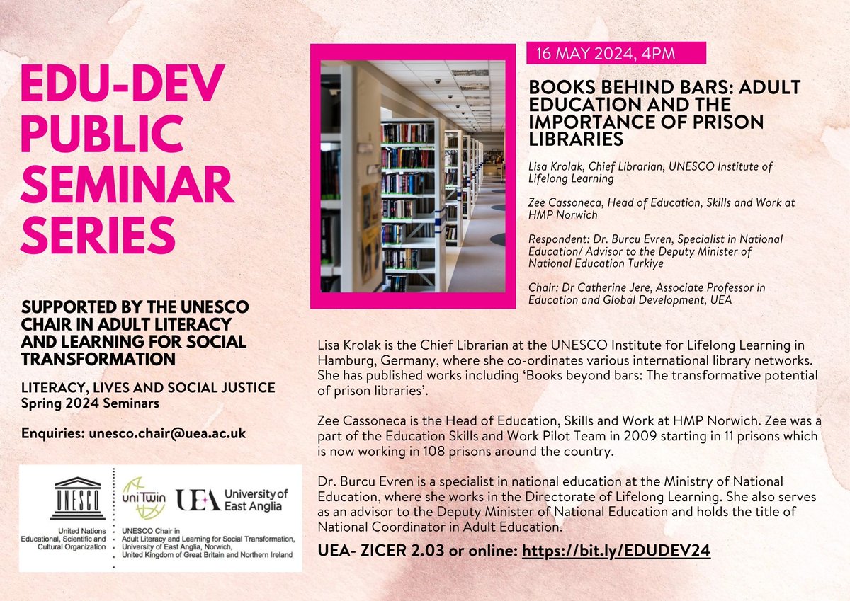 📚 Join us for our upcoming hybrid EDU-DEV seminar: Books behind bars: adult education and the importance of prison libraries 📅 16 May 2024, 4pm 📍 UEA- ZICER 2.03 or online: bit.ly/EDUDEV24 @developmentuea @UeaEDU @UIL @PantRobinson