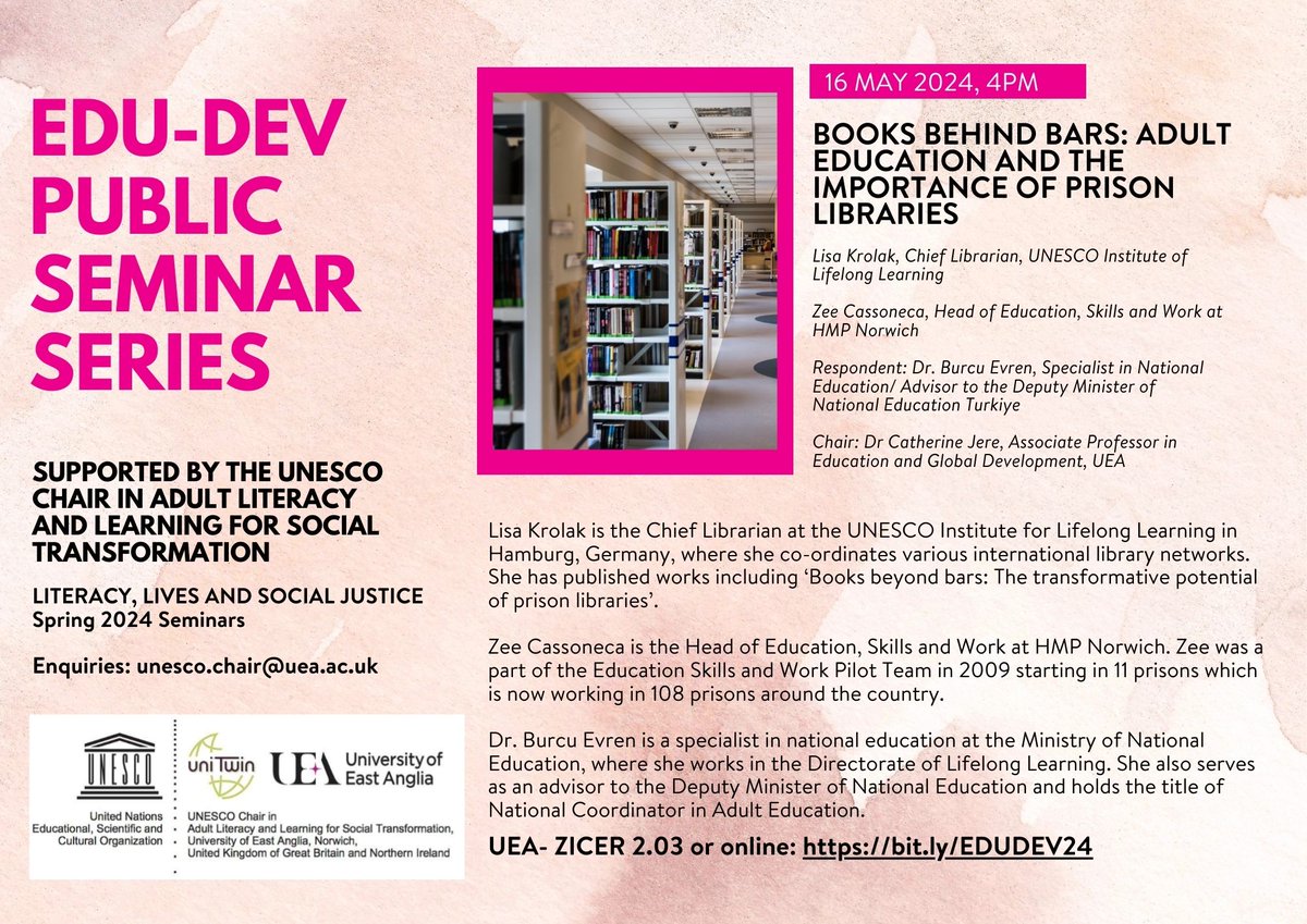 UEA UNESCO Chair (@unescochair_uea) on Twitter photo 📚 Join us for our upcoming hybrid EDU-DEV seminar:
Books behind bars: adult education and the importance of prison libraries
📅 16 May 2024, 4pm
📍 UEA- ZICER 2.03 or online: bit.ly/EDUDEV24
<a href="/developmentuea/">Development UEA 🌍</a> <a href="/UeaEDU/">School of Education</a> <a href="/UIL/">UNESCO-UIL</a> <a href="/PantRobinson/">Anna Robinson-Pant</a> 📚 Join us for our upcoming hybrid EDU-DEV seminar:
Books behind bars: adult education and the importance of prison libraries
📅 16 May 2024, 4pm
📍 UEA- ZICER 2.03 or online: bit.ly/EDUDEV24
<a href="/developmentuea/">Development UEA 🌍</a> <a href="/UeaEDU/">School of Education</a> <a href="/UIL/">UNESCO-UIL</a> <a href="/PantRobinson/">Anna Robinson-Pant</a>