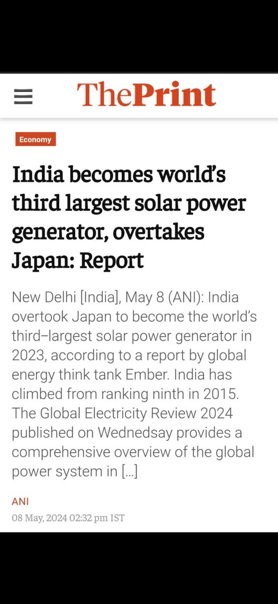 🌟 Incredible news! 🇮🇳 India shines bright as it overtakes Japan to become the world's third-largest solar power generator in 2023, soaring from ninth place in 2015!
Let's continue to harness the power of the sun 🌞 and pave the way for a cleaner, greener Bharat! 🌱 #SolarPower