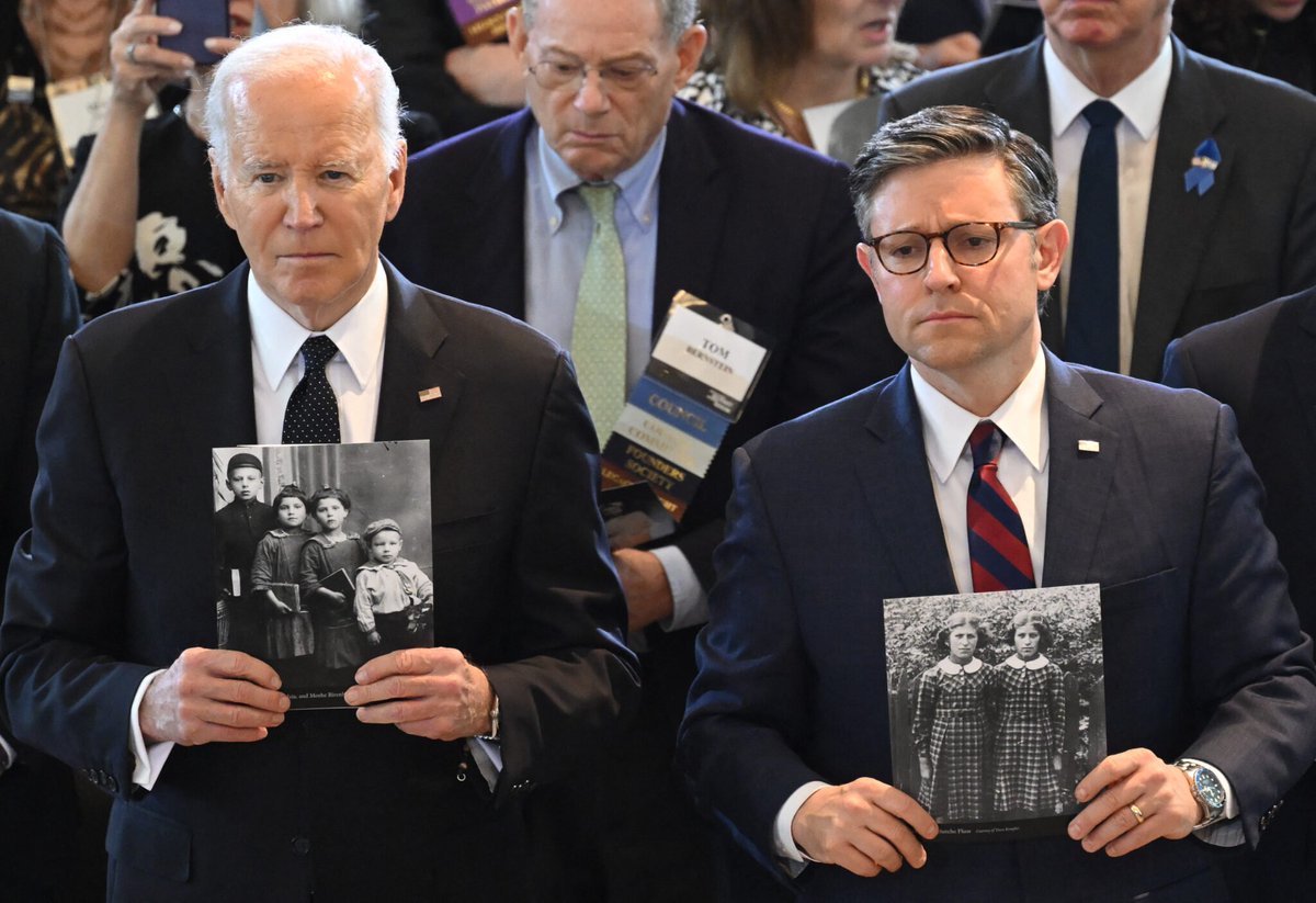 Great visual representation of the American political system here. Biden and his alleged partisan nemesis, 'MAGA Mike' Johnson, holding up pictures of Holocaust victims, who they'd both go on to weaponize to denounce US citizens as 'anti-Semites' for protesting US foreign policy