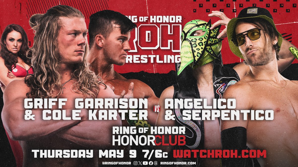 Both sides have been at war for months and will finally collide once again with Serpentico's mask still held hostage by @MariaLKanellis! @KingSerpentico & @Angelico_AEW vs. @realcolekarter & @griffgarrison1! 📺 Watch ROH TV on #HonorClub at WatchROH.com 7/6c