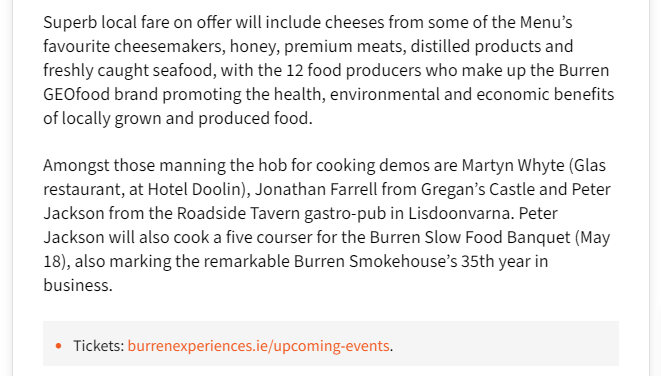 Great article by #BurrenSlowFoodFestival enthusiast @jozeemac in time for the 19 May! #foodfestival #TasteTheBurren #geofood @visitBurren​ @SlowfoodIreland​ @burrengeopark @burrensalmon @GoodFoodIreland @flogasireland bit.ly/1mP5zQ2 Full article: bit.ly/44Fd9EM