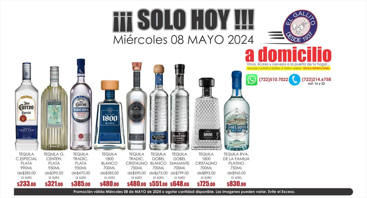 AMIGALLITOS…

#solohoy #miercoles #promociones #servicioadomicilio #tequila #casacuervo #cuervoespecial #grancentenario #tradicional #tradicristalino #dobel #maestrodobel #dobeldiamante #reservadelafamilia #1800cristalino