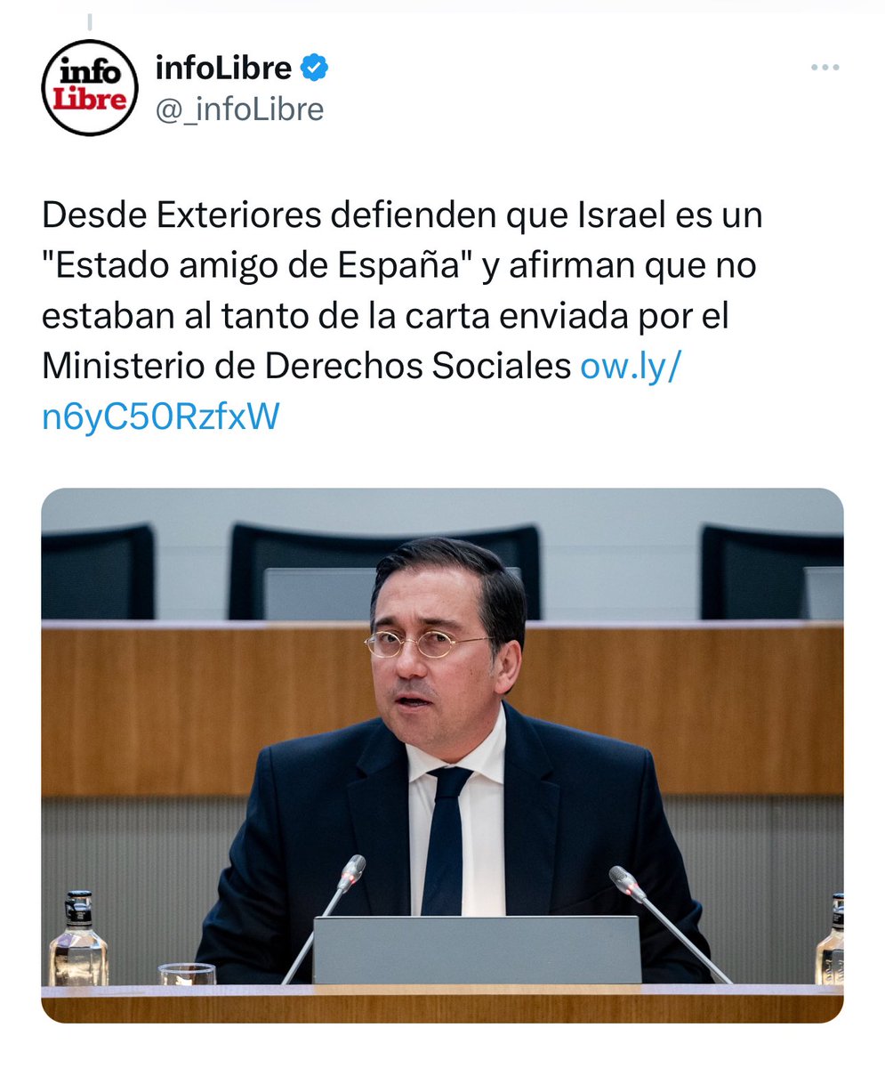 🇵🇸 Ministro Albares (@jmalbares), no sé en nombre de quien habla usted cuando declara que “Israel es un Estado amigo de España”. Nuestros pueblos están llenando las calles y las universidades denunciando a esa entidad criminal, genocida y terrorista a la que usted considera…