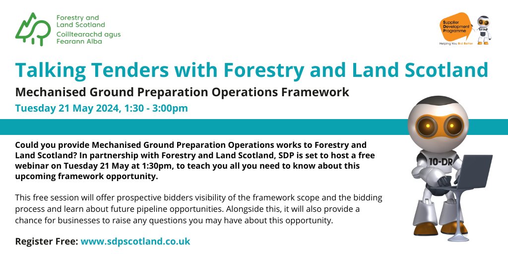 Could you provide Mechanised Ground Preparation Operations works to @ForestryLS? In partnership with FLS, SDP is set to host a free webinar on 21 May at 1:30pm, to teach you all you need to know about this upcoming framework opportunity. Book now: bit.ly/4dizFqQ