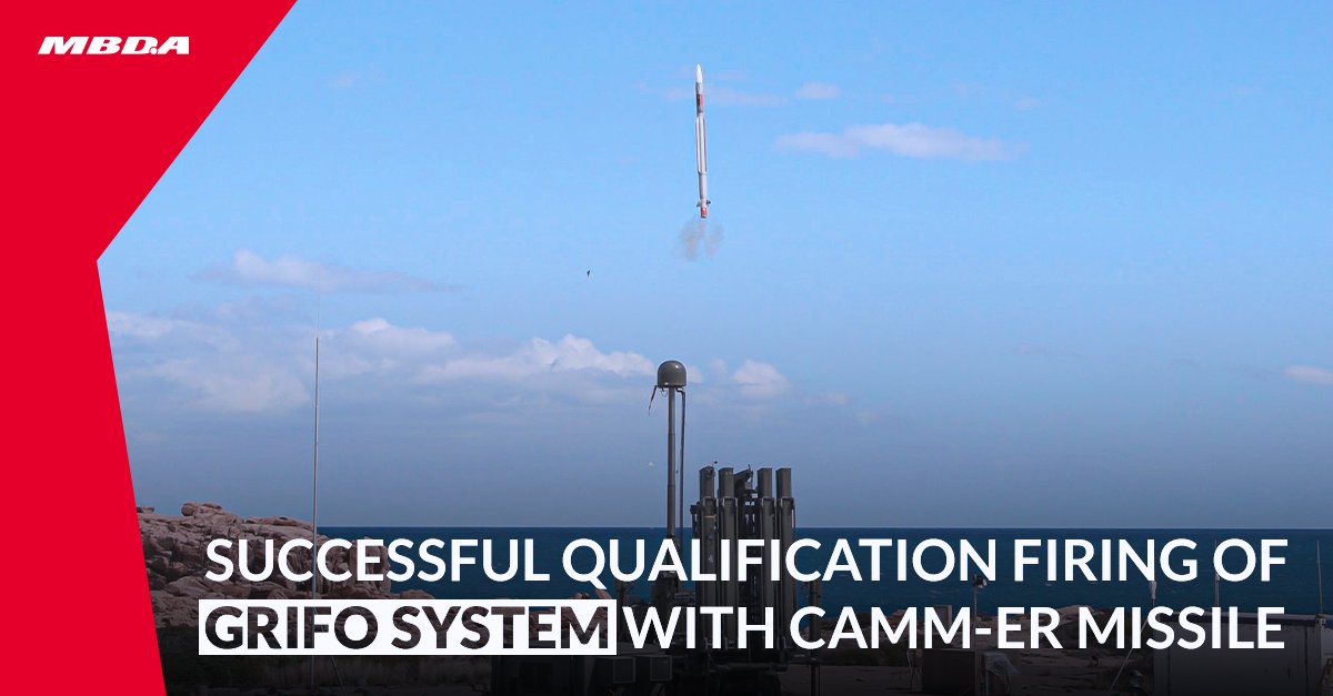 MBDA has recently performed a successful qualification firing of the #GRIFO system, the Italian Army’s new generation air defence system based on the #CAMM-ER missile.

🗞️ Read more in the press release: newsroom.mbda-systems.com/mbda-successfu…
