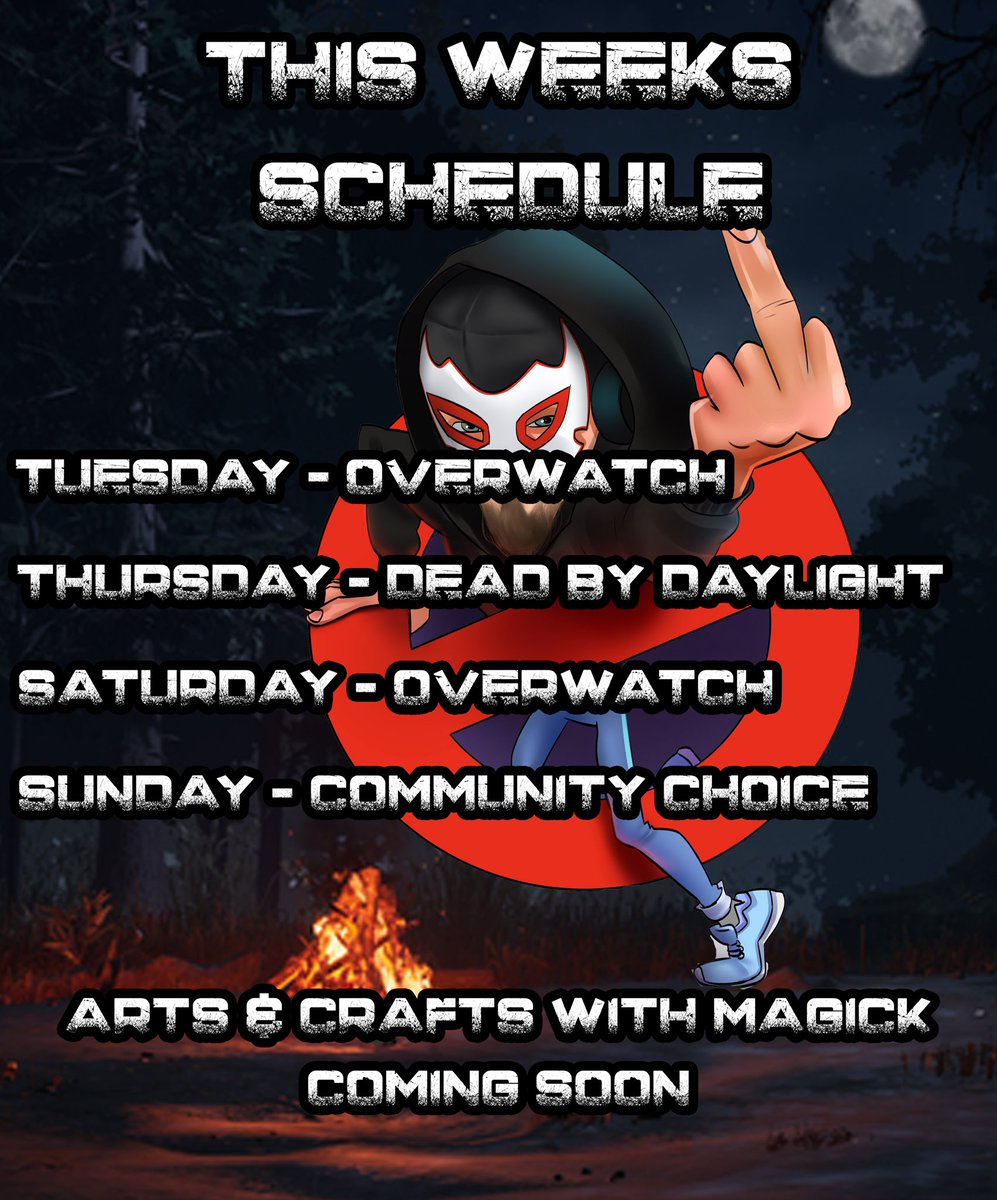 This weeks schedule. On the push to 100 followers. Come and join the community and make new friends https//kick.com/theblackmagickshow #kickstreamer #kickstreaming #kickcommunity #smallstreamer #smallstreamers #SmallStreamerCommunity #KickAffiliate