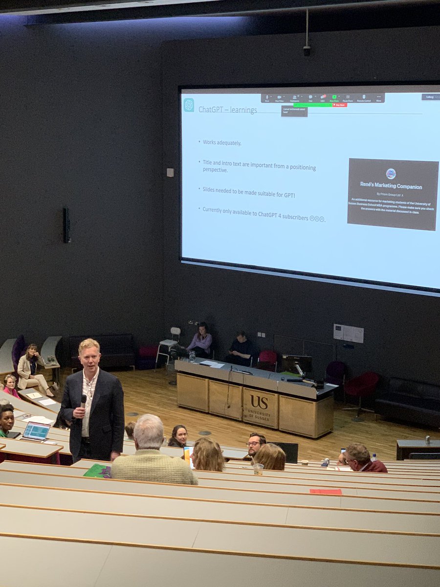 Dr Rene Moolenaar, Senior Lecturer in Strategy and Marketing, showcases his experience of using AI tools to support student learning. Did you know you can upload your slides to ChatGPT4 and it will use it as a resource for answering student queries? #SustAIFest