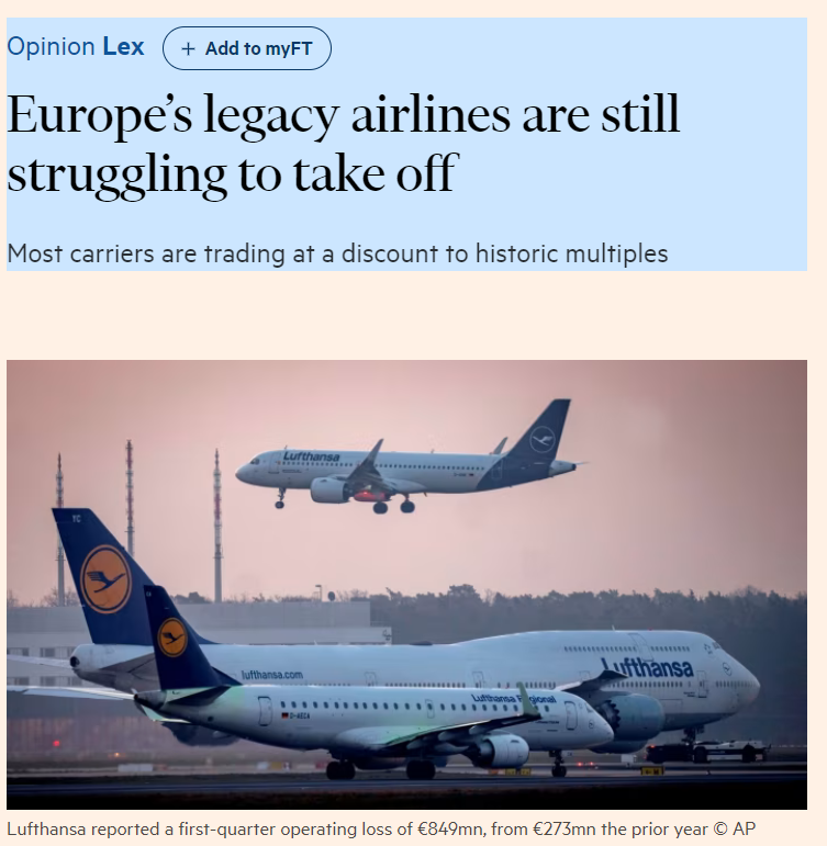 Financial Times, 8 Mayıs 2024: Avrupa'nın eski havayolları hala kalkış için mücadele ediyor Salgın hastalıklar, fırtınalar, savaşlar ya da ücret anlaşmazlıkları, havayolu yöneticilerini nadiren endişelendiriyor. Avrupa'da bu listeye bir yenisi daha eklendi: düşük değerlemeler.…