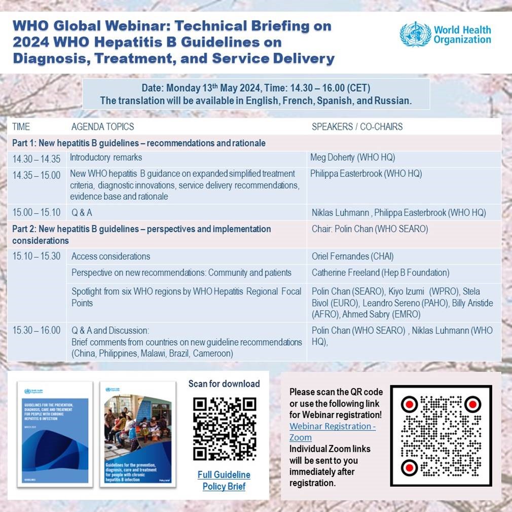 Webinar alert! Following the recent launch of the 2024 WHO guidelines for the prevention, diagnosis, care, and treatment of people with chronic #hepatitis B infection, @WHO is hosting a global webinar to discuss the guidelines. 🗓️: Monday, 13 May 2024 ⏰: 14.30-16.00 (CET)…