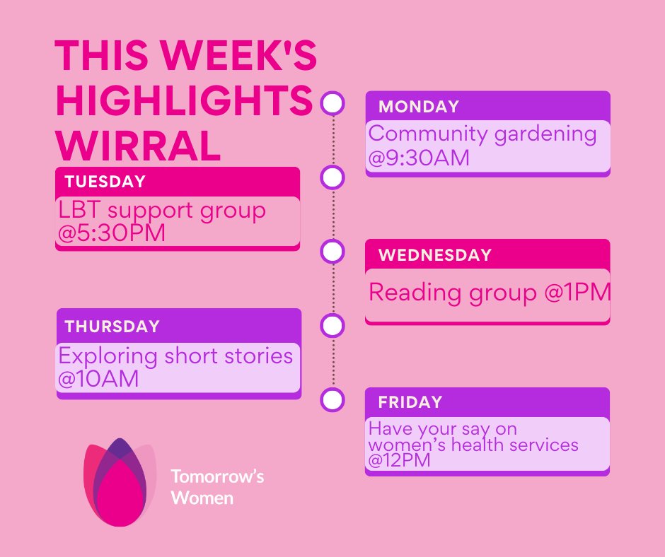 Happy Monday! Here’s this week’s highlights of what we have going on at #tomorrowswomenwirral and #tomorrowswomenchester.  Check out our timetables for everything else we have going on 💗#supportforwomen #supportinwirral #supportinchester