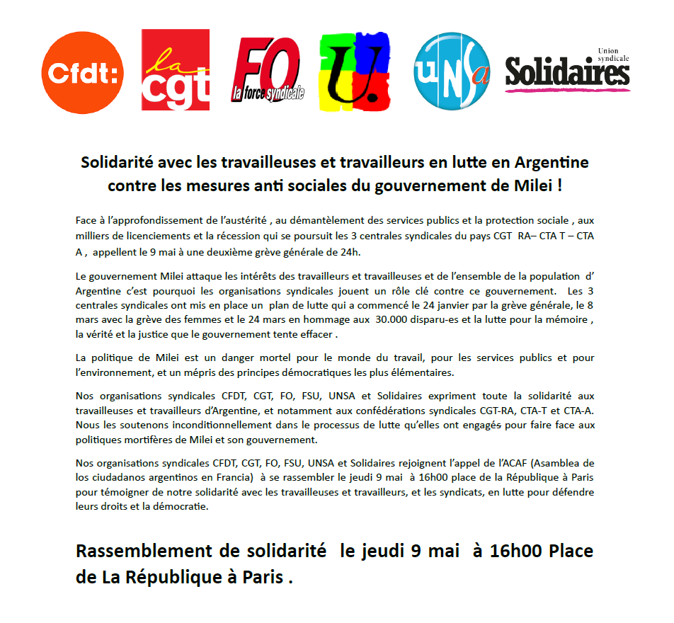 || COMMUNIQUÉ DE PRESSE INTERSYNDICAL || Solidarité avec les travailleuses et travailleurs en lutte en #Argentine 🇦🇷 contre les mesures anti sociales du gouvernement de #Milei ! Rassemblement jeudi 9 mai à 16h 📍place de la République, à Paris