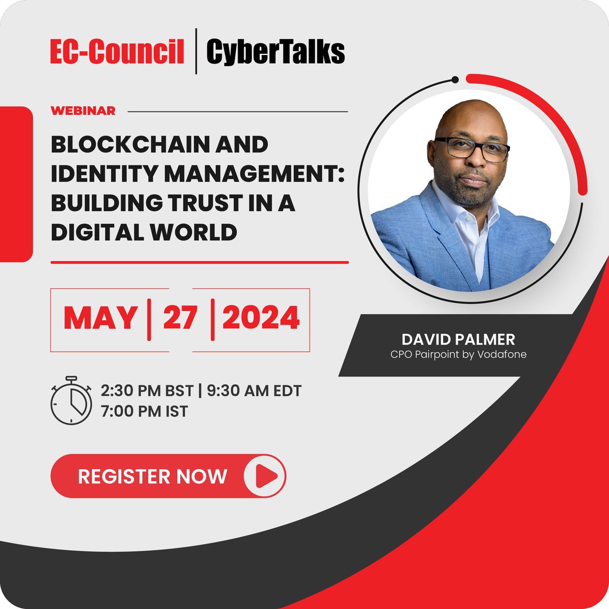 New #Webinar! David Palmer discusses the impact of #BlockchainTechnology on #IdentityManagement systems, the benefits of decentralized identity solutions, and best practices for implementing #Blockchain-based identity solutions. 

Sign up: buff.ly/3Wqr13A  

#ECCouncil