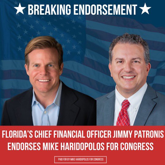 Honored to receive the endorsement of Florida’s Chief Financial Officer Jimmy Patronis. Grateful for his support as we work together to keep Florida red! 🇺🇸
