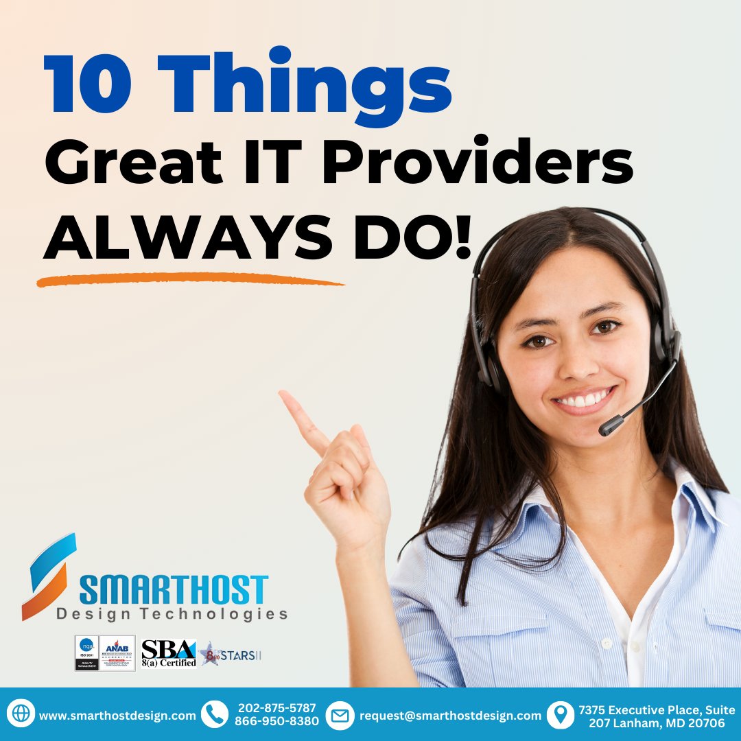 Not all IT providers are equal! 🌟 Find out the 10 things top IT providers always do. Missing any? Time for a switch! Read now: hubs.li/Q02wp0Qw0 
#Smarthost #ManagedITServices #ITSupport&Services #InformationTechnology
