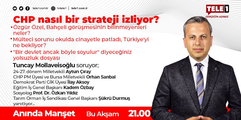 ➤Özgür Özel, Bahçeli görüşmesinin bilinmeyenleri neler? ➤Mülteci sorunu okulda cinayetle patladı, Türkiye'yi ne bekliyor? @TMollaveisoglu @TCAytunCiray @orhansaribalchp @ilay_aksoy @kademozbay_ @drozkanyildiz #ŞükrüDurmuş Anında Manşet, saat 21.00'de TELE1'de