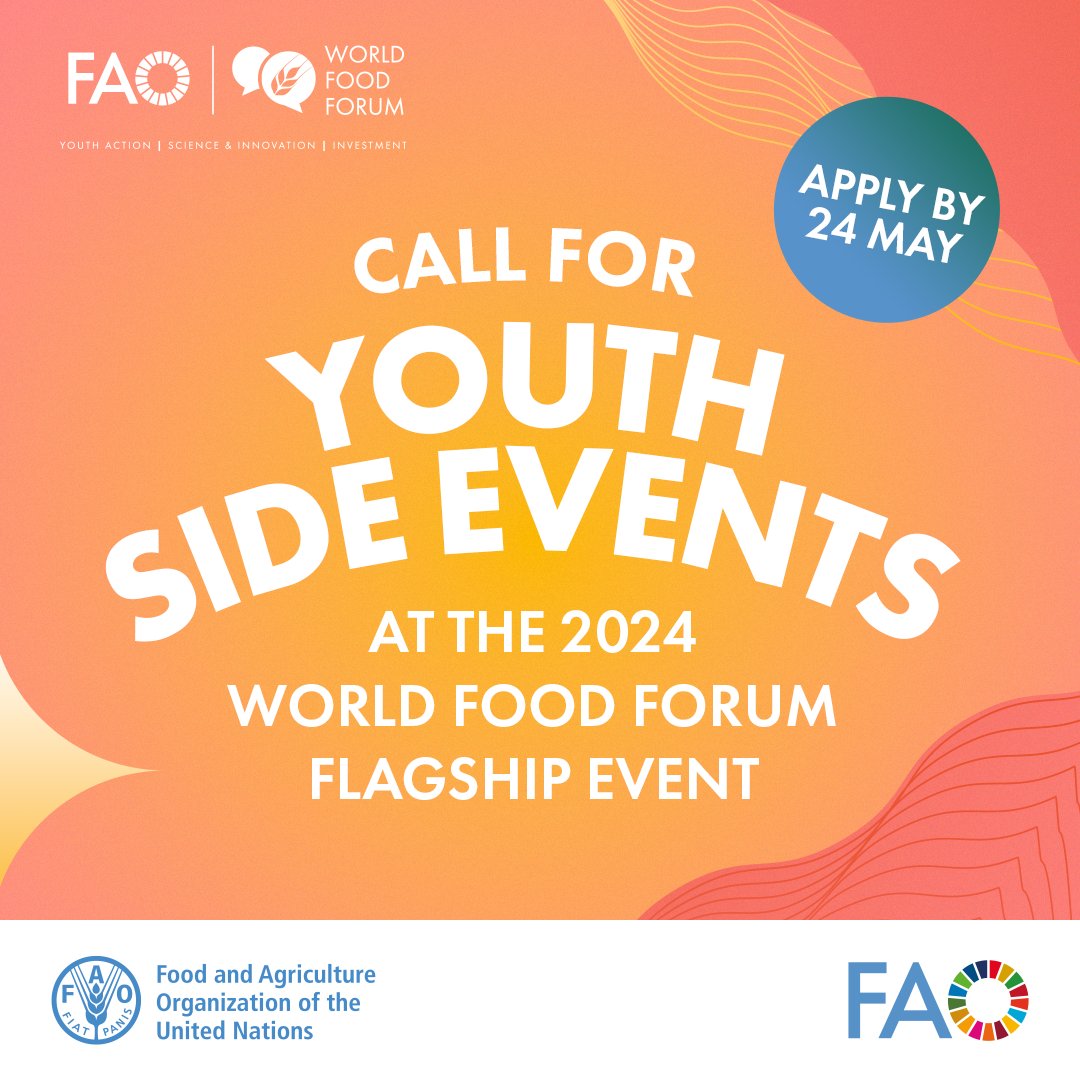 📣 CALL FOR YOUTH SIDE EVENTS AT THE WORLD FOOD FORUM 2024! Want to amplify youth voices at the WFF? Apply to organize a youth side event at the World Food Forum flagship event (14-18 Oct) in Rome! 📅Apply by 24 May 🔗Register bit.ly/4bx9xa9 #WorldFoodForum #WFF2024
