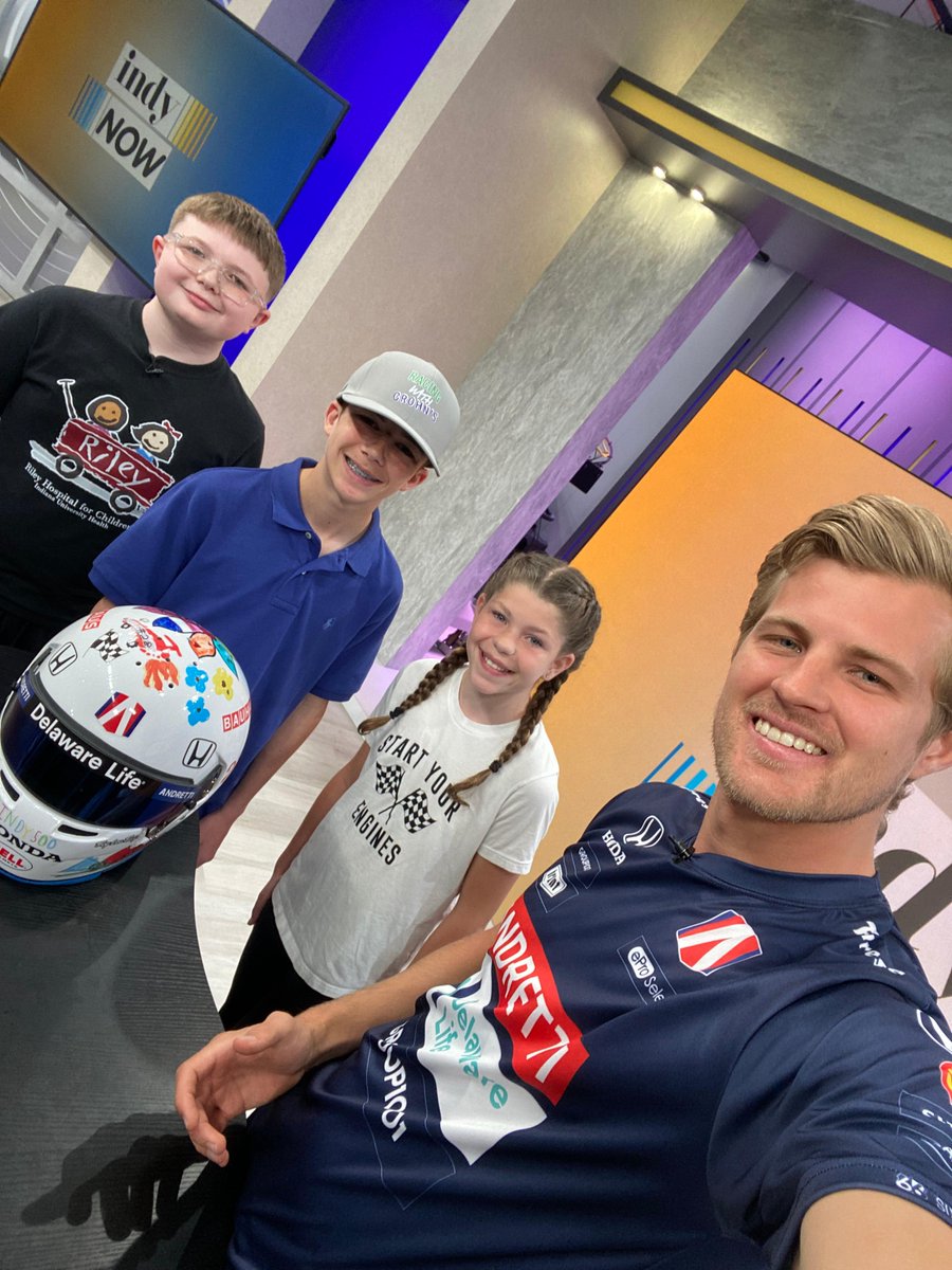 #Indy500 helmet + Riley? 🤩 @Ericsson_Marcus is wearing a custom helmet with art designed by Riley kids at this year’s race! Some of the artists (Lucy, Jayzen, and Ty) joined him on @IndyNowTV for the first looks at his Riley gear. #ThisIsMay | 🏎️: ow.ly/N82O50RznWA