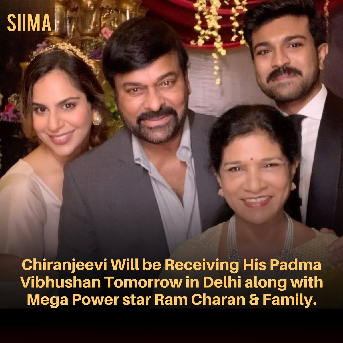 A momentous occasion awaits! Chiranjeevi will be receiving his Padma Vibhushan tomorrow in Delhi, joined by Mega Power star Ram Charan & Family. 🎖️✨ #Chiranjeevi #PadmaVibhushan #RamCharan #FamilyCelebration #SIIMA #RRR