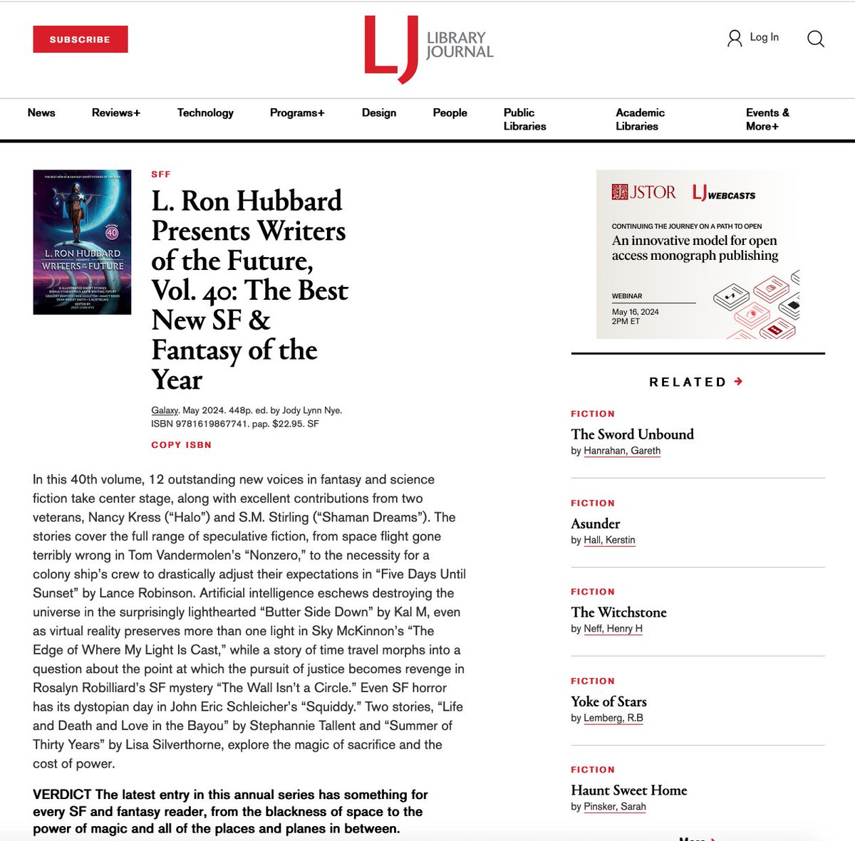 WotFContest's tweet image. The literary source since 1876, #LibraryJournal&apos;s amazing review of #LRonHubbard Presents #WritersOfTheFuture Vol. 40! Declaring, “Outstanding new voices in #Fantasy and #ScienceFiction … something for every #SF and #Fantasy reader.&quot; Details at bit.ly/WOTF40info

#WOTF40
