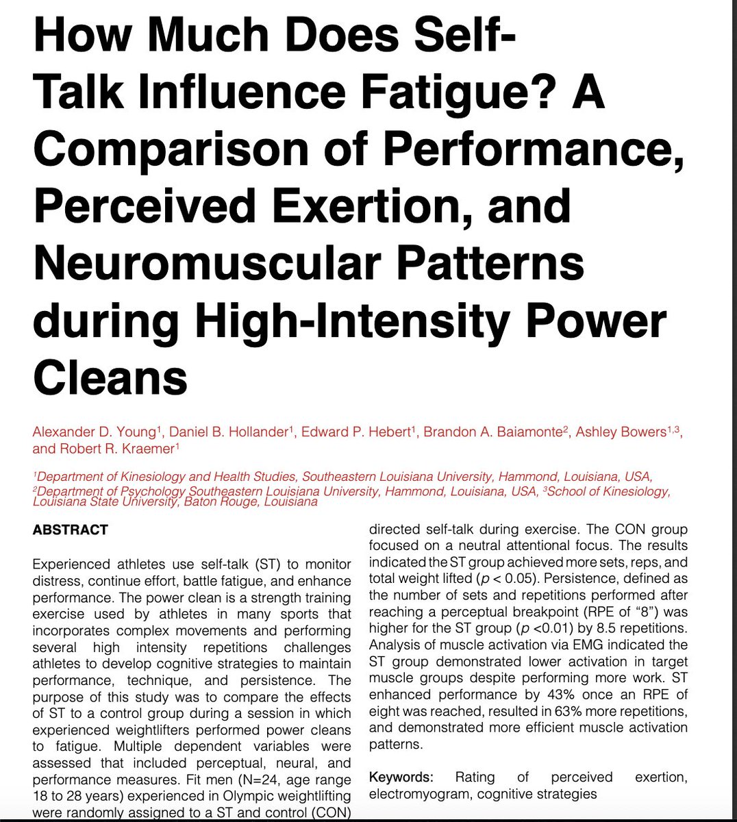 How you talk to yourself matters. In one study on lifting weights, goal directed self-talk 'enhanced performance by 43% once an RPE of eight was reached, resulted in 63% more repetitions, and demonstrated more efficient muscle activation patterns.'