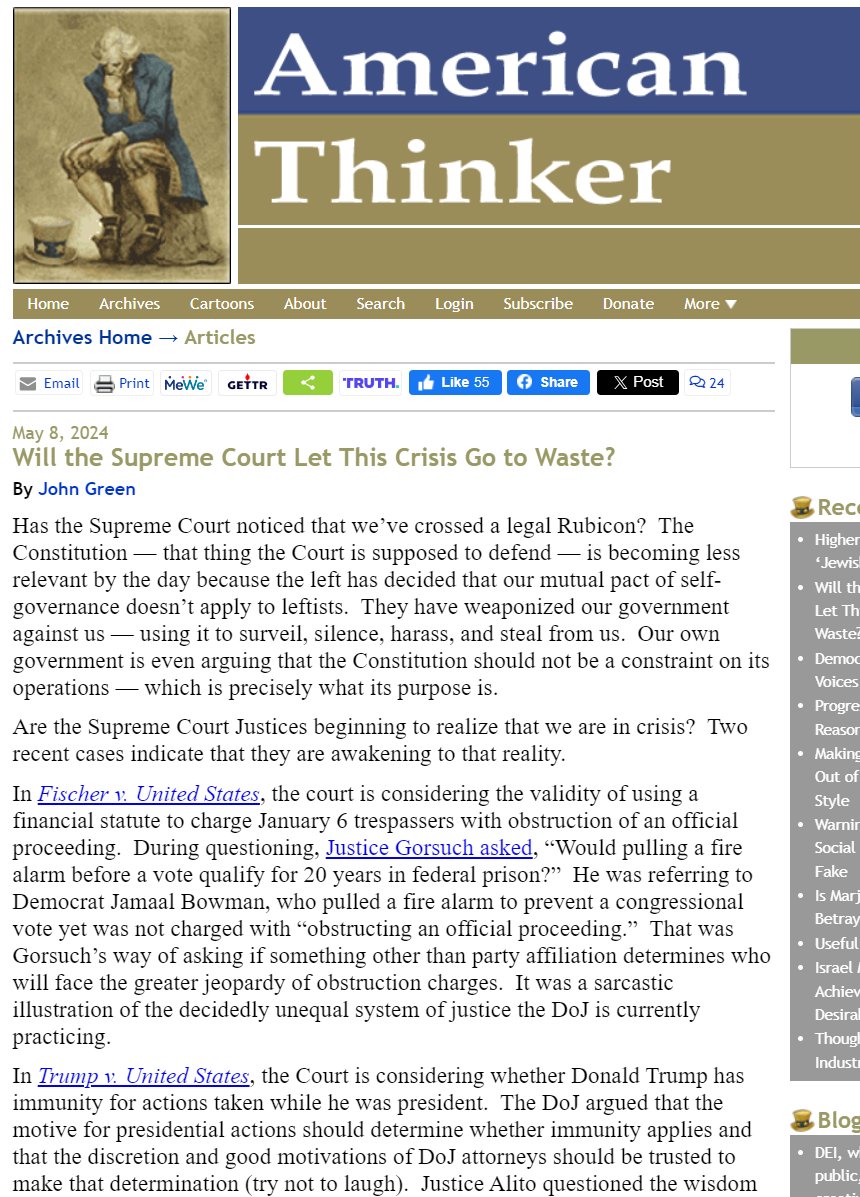 This is a great read! 👇🏻🧐#SCOTUS needs to get their heads out of their you know whats and defend our Constitution or #SCOTUSIsCorrupt  It's written in plain English! 
americanthinker.com/articles/2024/…