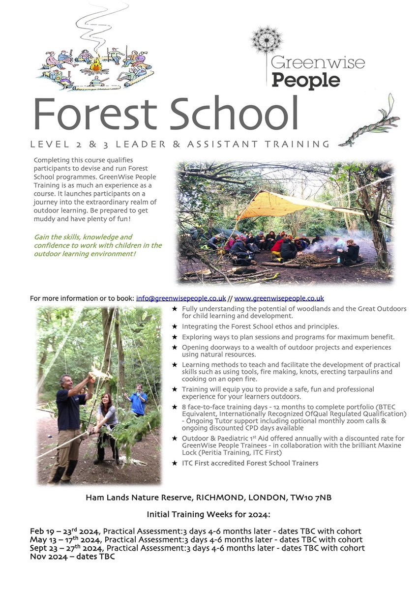 Next week - starting Mon 13th May! Our newest #ForestSchool #Leader & #Assistant #Training begins…in SW London 🌱🌿🌳
Contact for more info: 
info@greenwisepeople.co.uk // 020 8541 0415 // 07737 644 119 
#ReConnect #ReWild #LifeLongSkills #FutureGenerations #Protect #Inspire 🌿