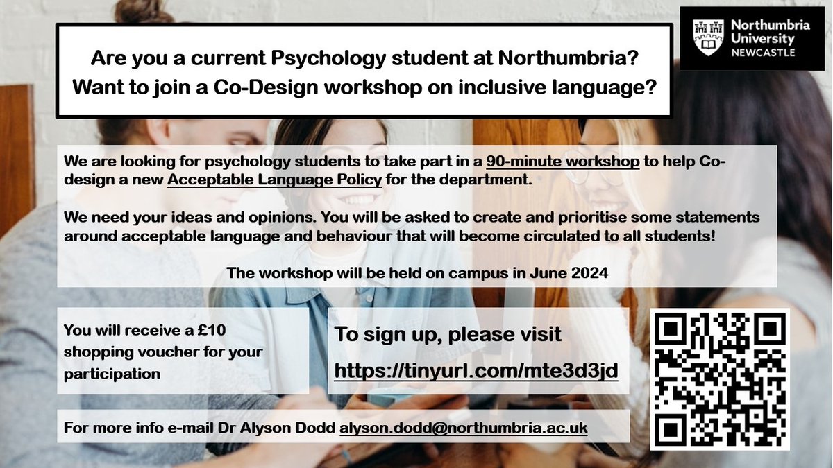LisaT (@drlthomas) on Twitter photo 📣Are you a current Psychology student <a href="/NorthumbriaPsy/">Northumbria Psy</a> ?
Want to join a Co-Design event on inclusive language? 📣
<a href="/DrLThomas/">LisaT</a> & <a href="/alysondodd/">Alyson Dodd</a> are hosting a workshop on campus! See poster and sign up here- tinyurl.com/mte3d3jd 📣Are you a current Psychology student <a href="/NorthumbriaPsy/">Northumbria Psy</a> ?
Want to join a Co-Design event on inclusive language? 📣
<a href="/DrLThomas/">LisaT</a> & <a href="/alysondodd/">Alyson Dodd</a> are hosting a workshop on campus! See poster and sign up here- tinyurl.com/mte3d3jd