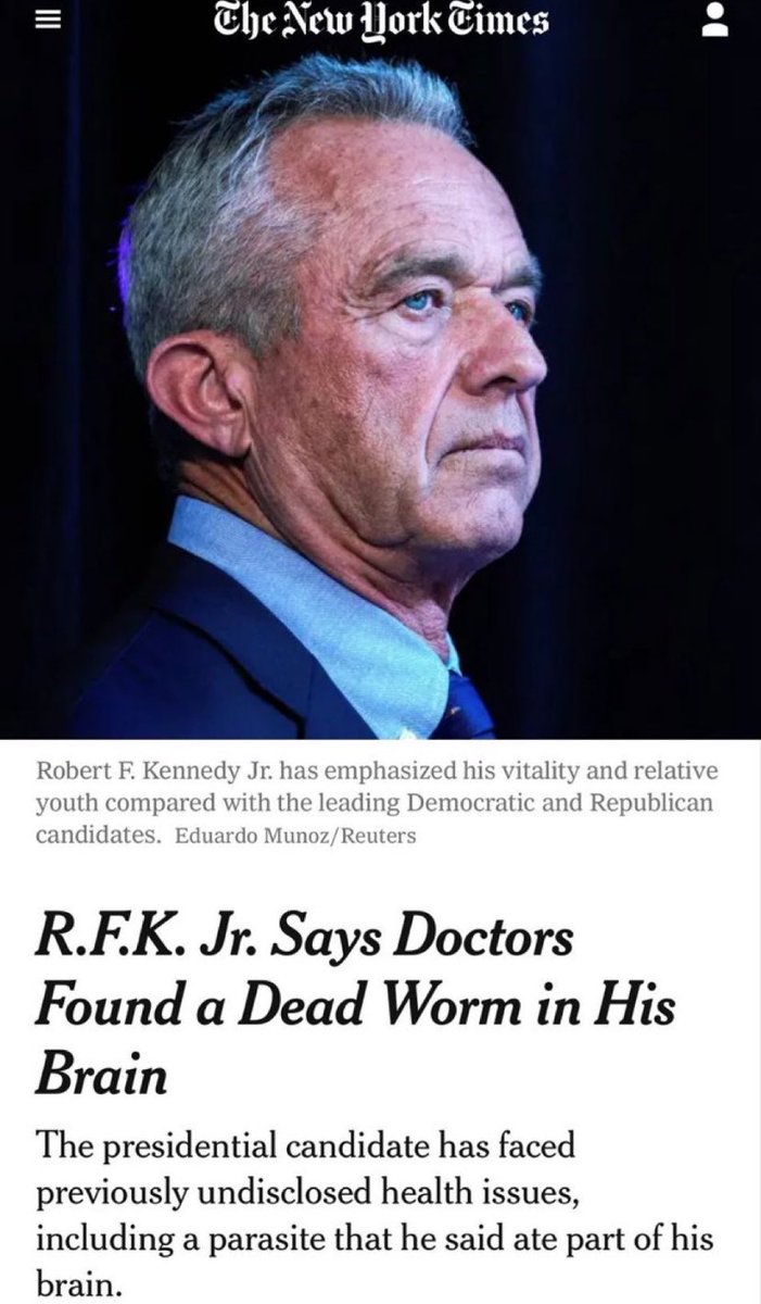 This explains why RFK Jr is a brain dead fruit cake. He revealed he had a parasite which ate part of his brain, & doctors found a dead worm up there. 😳 He also has numerous other health issues including atrial fibrillation. He’s not a healthy man physically or mentally.