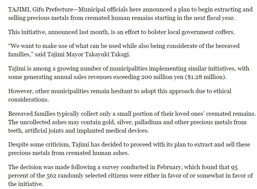 Muncipalities in Japan have been innovative in identifying new sources of revenue - including introducing their well-known Golf Course Tax. However, I wasn't expecting the city of Tajimi to generate income by 'extracting precious metals from cremated human remains':