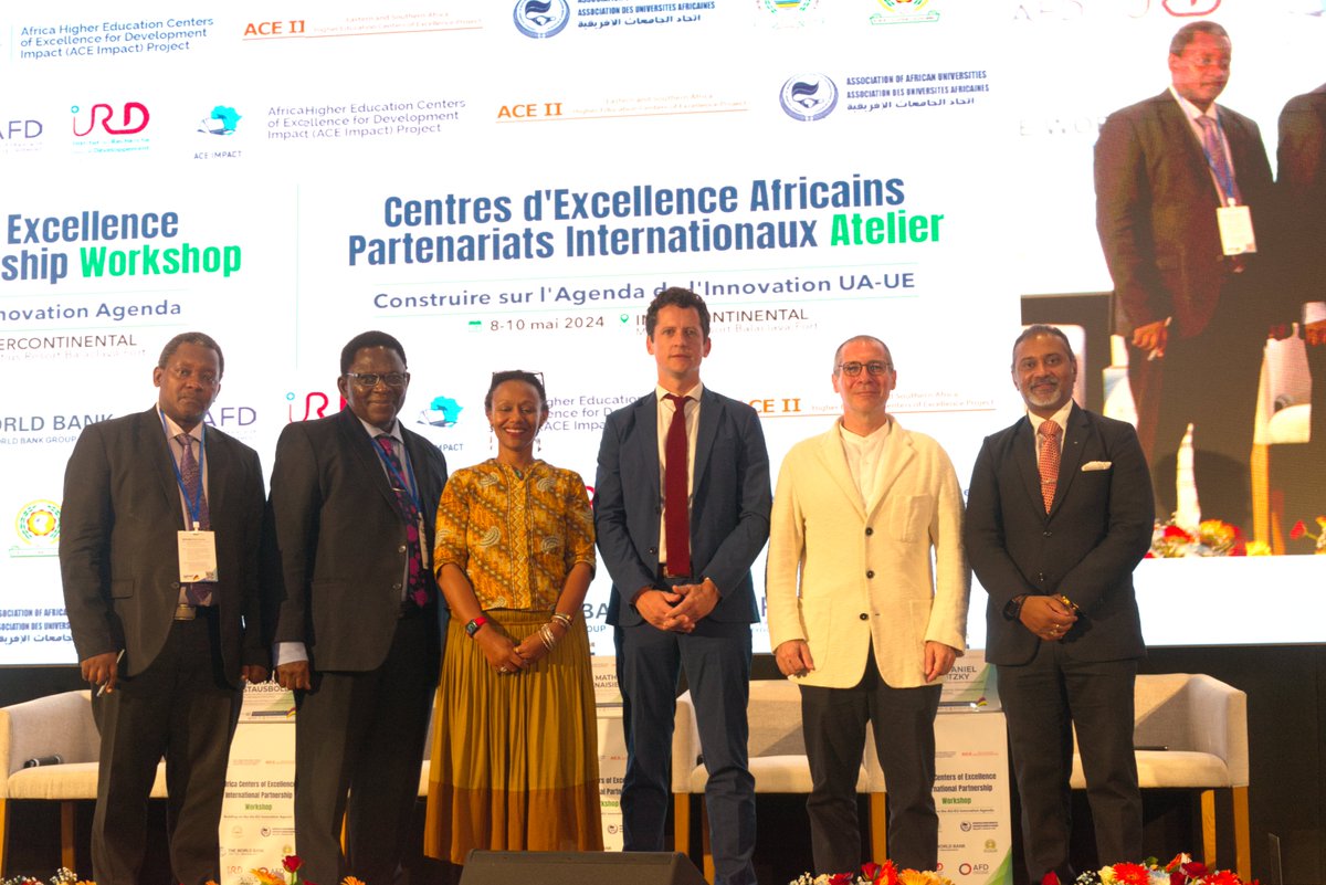L-R -Exec.Secretary @iucea_info Prof. Gaspard -@AAU_67's Prof. Oyewole -Ms. Muna Meky, Education Practice Manager @WorldBank -Mr. Thenaisie of @AFD_France -Dr. Dulitzky @WorldBank -Prof. Kiran Bhujun, Ministry of Educ.#Mauritius at the opening of the #ACEpartnerships workshop