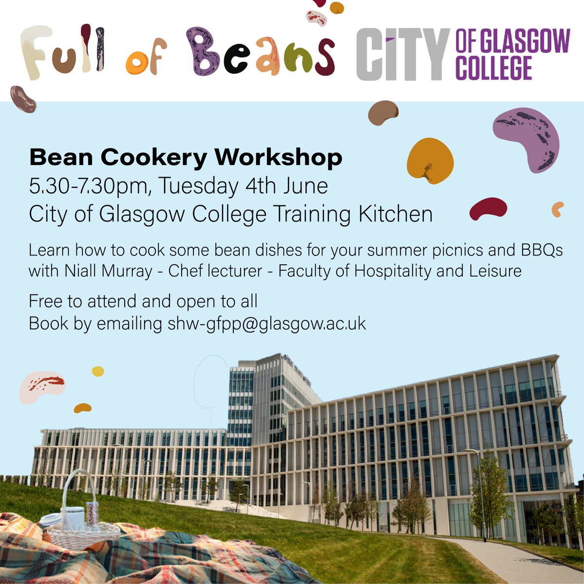 In June we'll be working with @CofGCollege to deliver a Full of Beans Cookery Workshop! We'll be making bean dishes which are perfect for summer picnics and BBQs. The session is free to attend and open to all - you can book a place by emailing shw-gfpp@glasgow.ac.uk