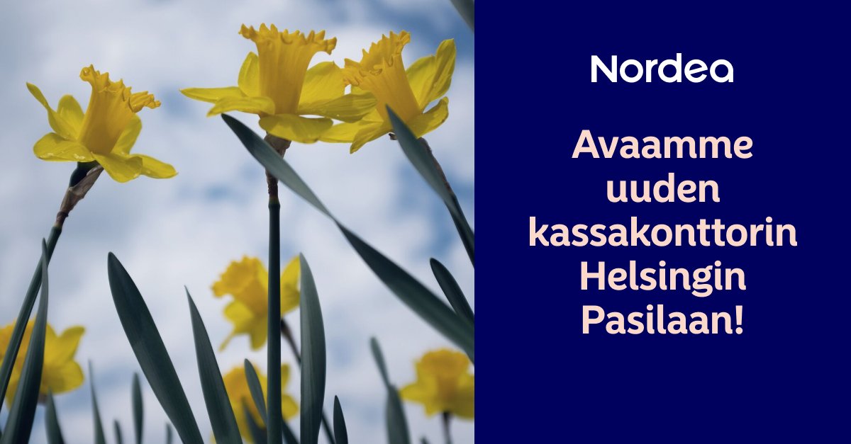 Avaamme uuden kassakonttorin Helsingin Pasilaan 10. kesäkuuta. Konttori palvelee kassa-asioissa ilman ajanvarausta. Samassa yhteydessä Annankadun kassakonttori suljetaan 7. kesäkuuta.  

Lue lisää aiheesta tiedotteestamme ➡️ nordea.com/fi/media/2024-…