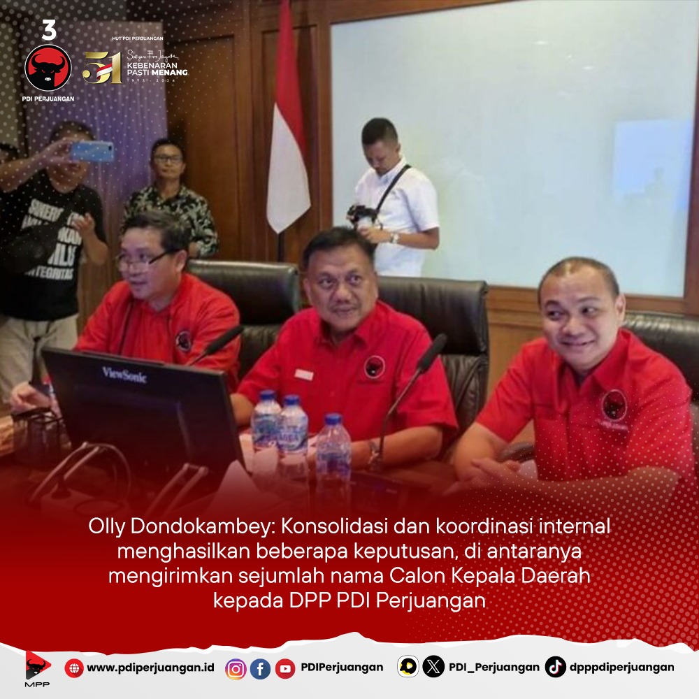 Songsong Pilkada 2024, DPD PDI Perjuangan Sulut menggelar konsolidasi dan koordinasi internal. Olly Dondokambey pimpin rapat konsolidasi dan koordinasi DPD PDI Perjuangan Sulut. Olly Dondokambey mengatakan, konsolidasi dan koordinasi internal partai menghasilkan keputusan…