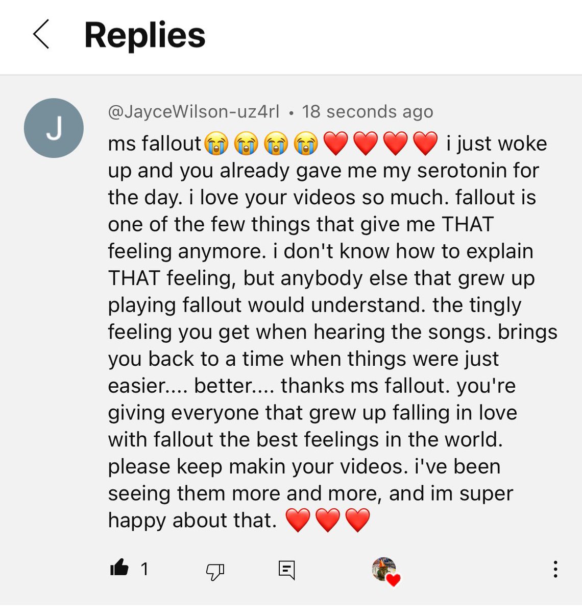 Messages like this make all the work worth it. To know I was able to make someone’s day a little bit better. A reminder to just tell someone/ anyone that they matter, they make a difference in some way, it can mean everything💙 Day officially made🥰 #fallout