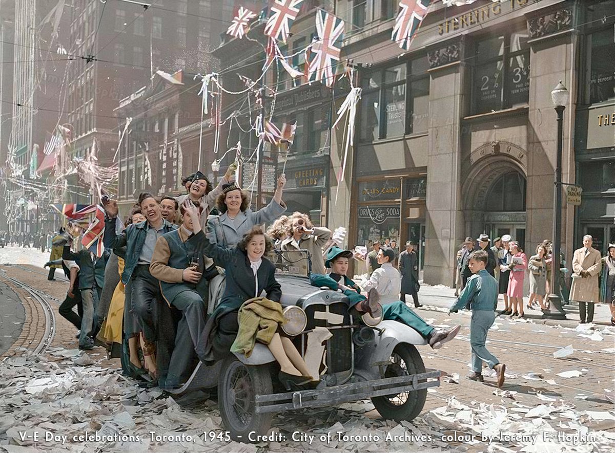 May 8th marks the anniversary of the official end of the Second World War in Europe in 1945, known as V-E Day (Victory in Europe day).

#OTD #1940s #wartime #war #WWII #VEDay #anniversary #history #torontohistory #tdot #the6ix #colorization #toronto #canada #hopkindesign