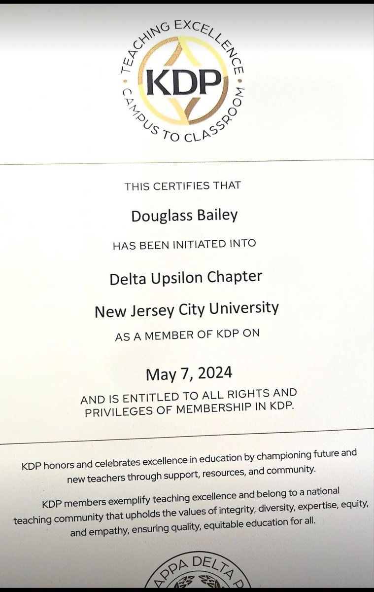 NJCUEdTech's tweet image. Congratulations to Ed Tech MA grad from the class of 2023, Douglass Bailey, who was inducted into the Kappa Delta Pi (KDP) Honor Society in Education last night! KDP recognizes the top twenty percent of education graduates globally. #NJCUniversity #NJCUEdTech #KDP