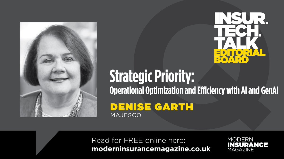 ModInsuranceMag's tweet image. It&apos;s #InsurtechWeek! 🥳🎉🩷

We&apos;ll be celebrating our valued #Insurtech Editorial Board contributors all week, starting with the wonderful @denisegarth, Chief Strategy Officer at @Majesco_Inc ⭐️ Turn to pg.83 of our latest issue to read her latest article: yumpu.com/en/document/re…