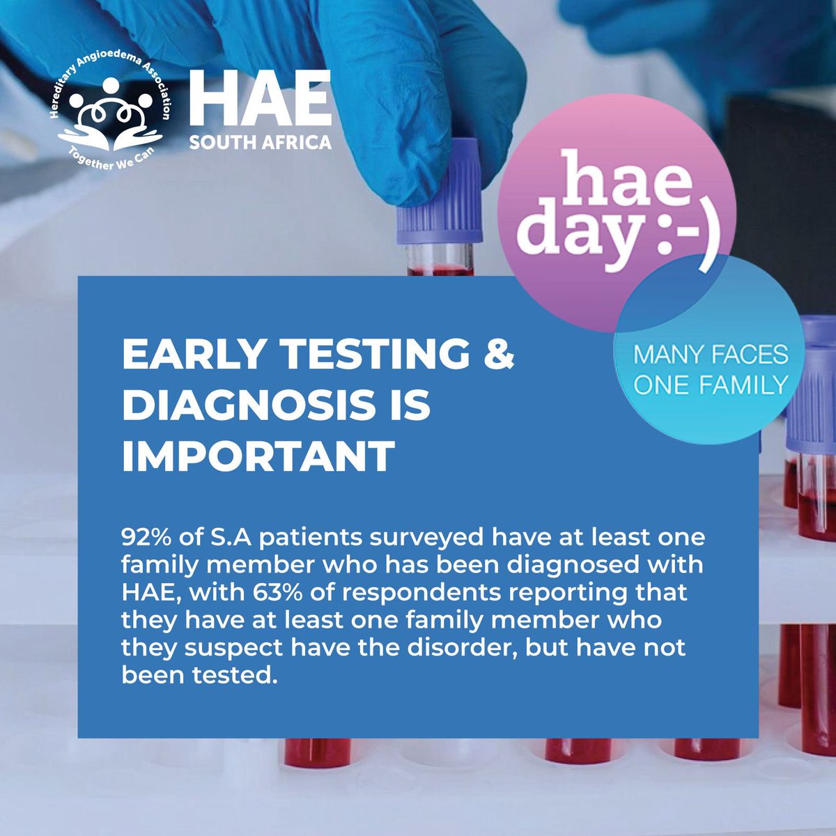 3. EARLY TESTING & DIAGNOSIS IS IMPORTANT 🧬

92% of S.A patients surveyed have at least one family member who has been diagnosed with HAE!

#haeday #haeday2024 #haesa #haesouthafrica #careforrare #hereditaryangiodema #TogetherWeCan #rarediseases #raredisease