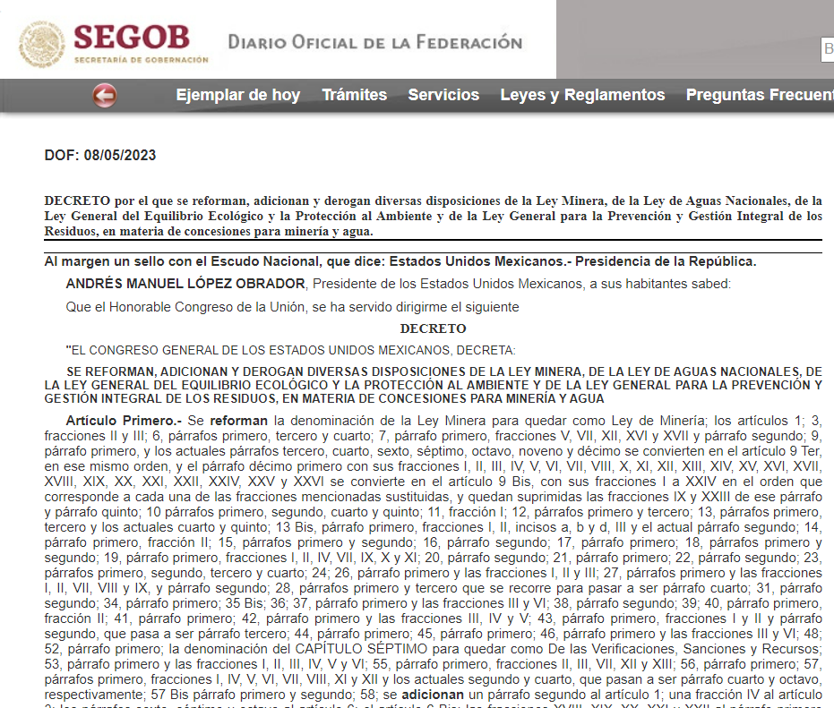 Hoy, hace un año, se publicaba en el @DOF_SEGOB la nueva Ley de Minería por la que tanto trabajamos comunidades, organizaciones y academia. Gracias a quienes contribuyeron en este primer paso para regular a una de las industrias más abusivas y depredadoras.