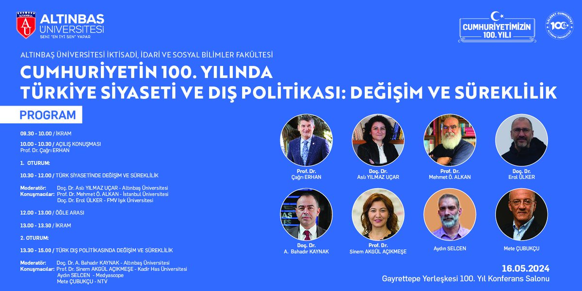Cumhuriyetimizin 100. yılını kutlarken Türkiye siyaseti ve dış politikasının dünü ve bugününü alanında uzman katılımcılardan dinleyeceğimiz 'Türkiye Siyaseti ve Dış Politikası: Değişim ve Süreklilik Konferansı'nda bir araya geliyoruz. İlgilenen herkesi Konferansımıza bekleriz!